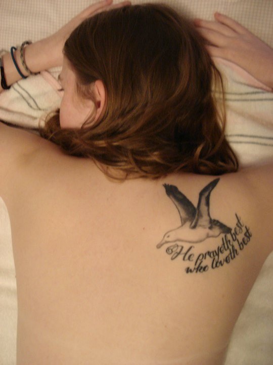 He Prayeth Best Who Loveth Best - Black Ink Flying Albatross Tattoo On Girl  Right Back Shoulder