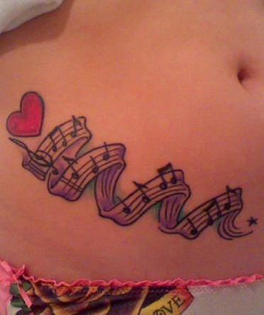 Heart With Music Notes Tattoo On Waist