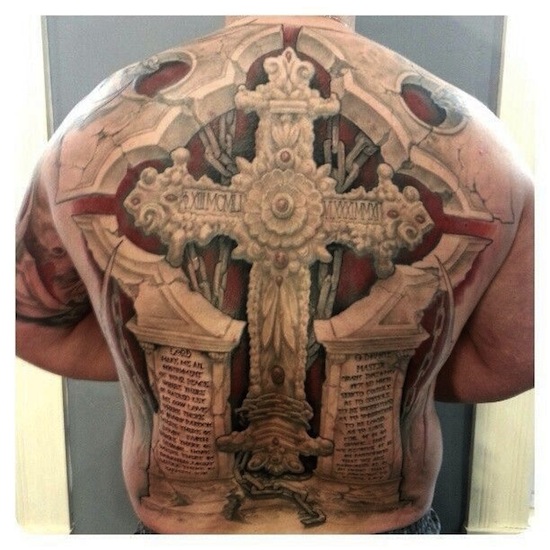 Impressive 3D Cross Tattoo On Man Full Back