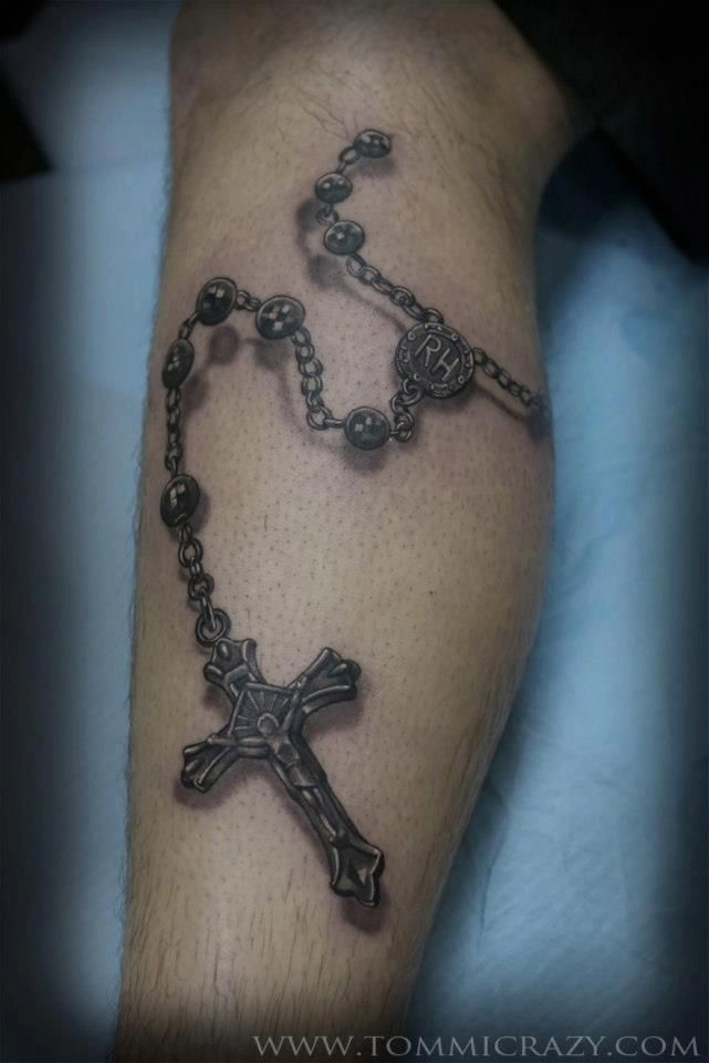 Impressive 3D Rosary Cross Tattoo On Leg