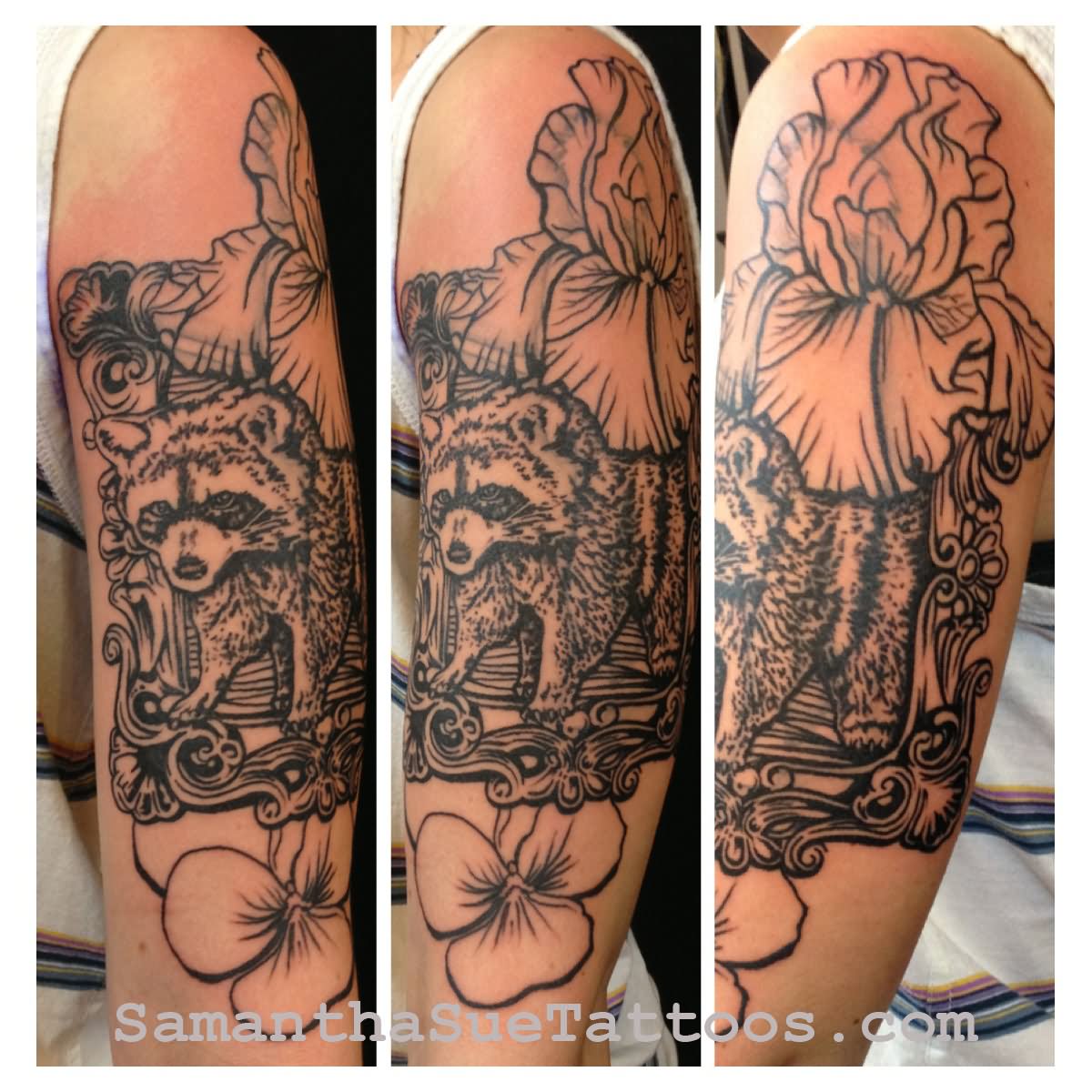 Left Half Sleeve Flowers And Raccoon Tattoo For Men