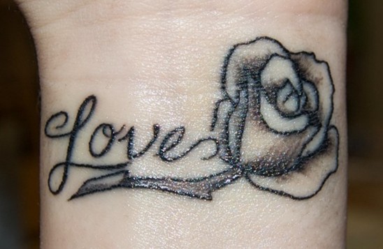 Love Grey Rose Flower Wrist Tattoo