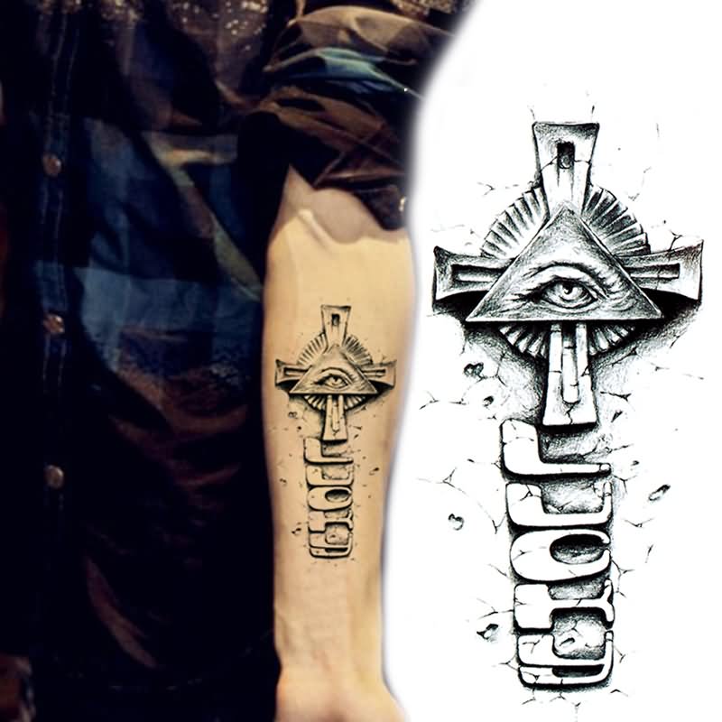 Lucky - 3D Cross With Illuminati Eye Tattoo On Forearm