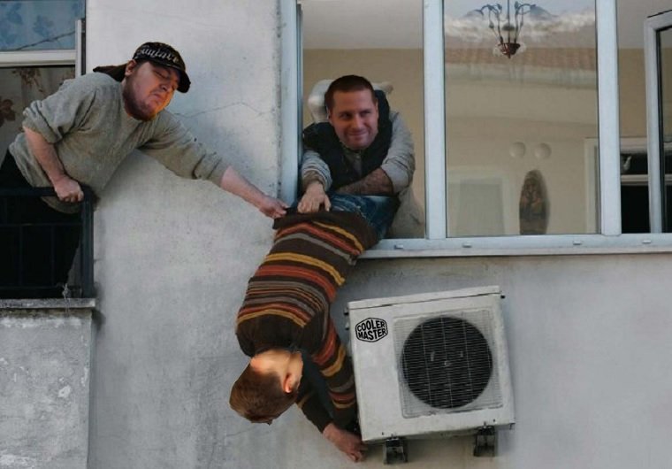 Man In Dangerous Condition Repairing Ac Funny Picture