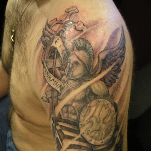 Man Left Half Sleeve Spartan Tattoo