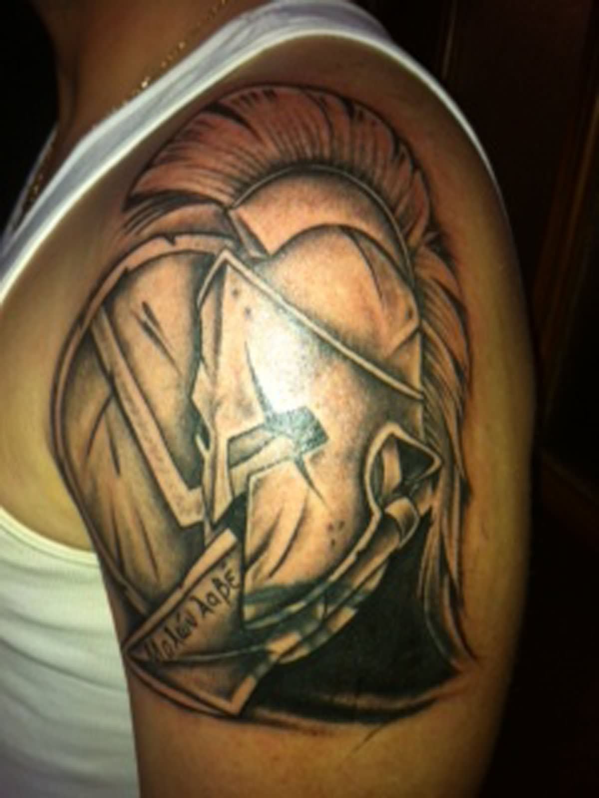 Man Left Shoulder Greek Spartan Tattoo