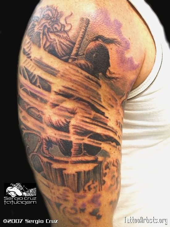Man Right Half Sleeve Spartan Tattoo For Men