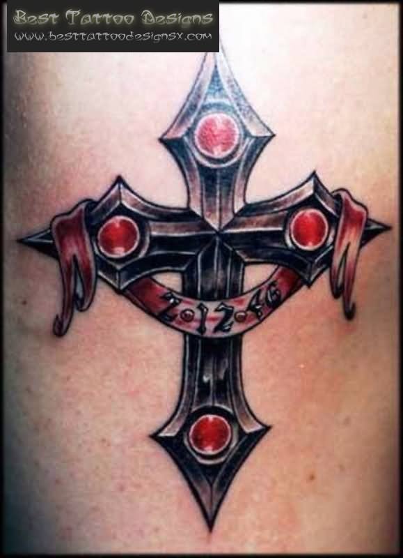 Memorial Cross With Banner Tattoo Design
