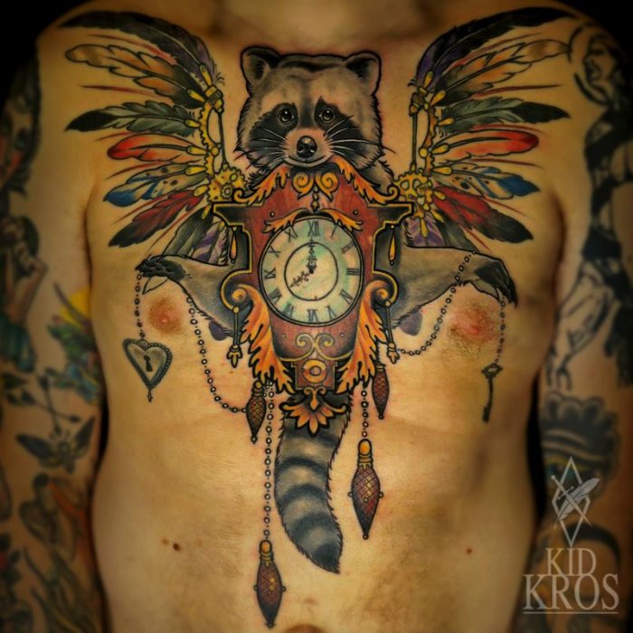 Native Raccoon Tattoo On Chest For Men
