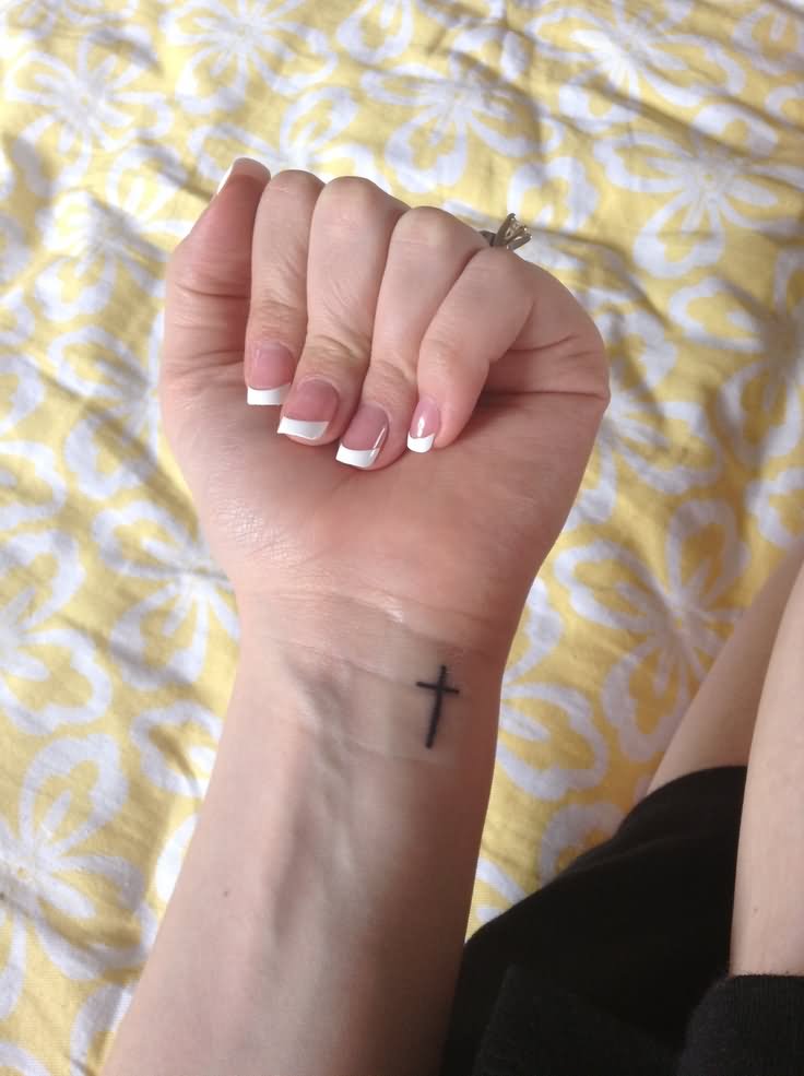 Nice Black Cross Wrist Tattoo For Girls
