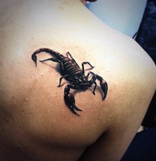 Nice Black Ink 3D Scorpion Tattoo On Right Back Shoulder