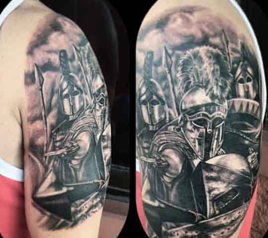 Nice Grey Spartan Tattoo On Man Half Sleeve
