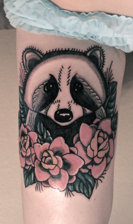 Nice Rose Flowers And Raccoon Tattoos