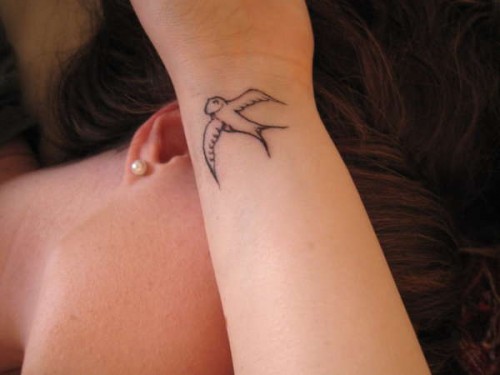 Outline Flying Bird Tattoo On Wrist