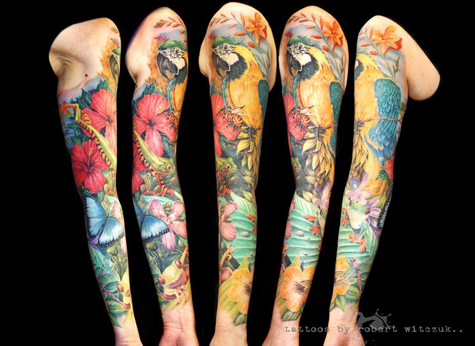 Parrot With Flowers Tattoo On Full Sleeve By Robert