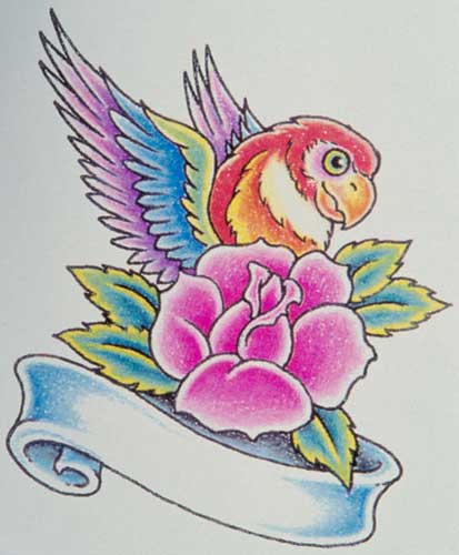Parrot With Pink Rose And Ribbon Tattoo Design