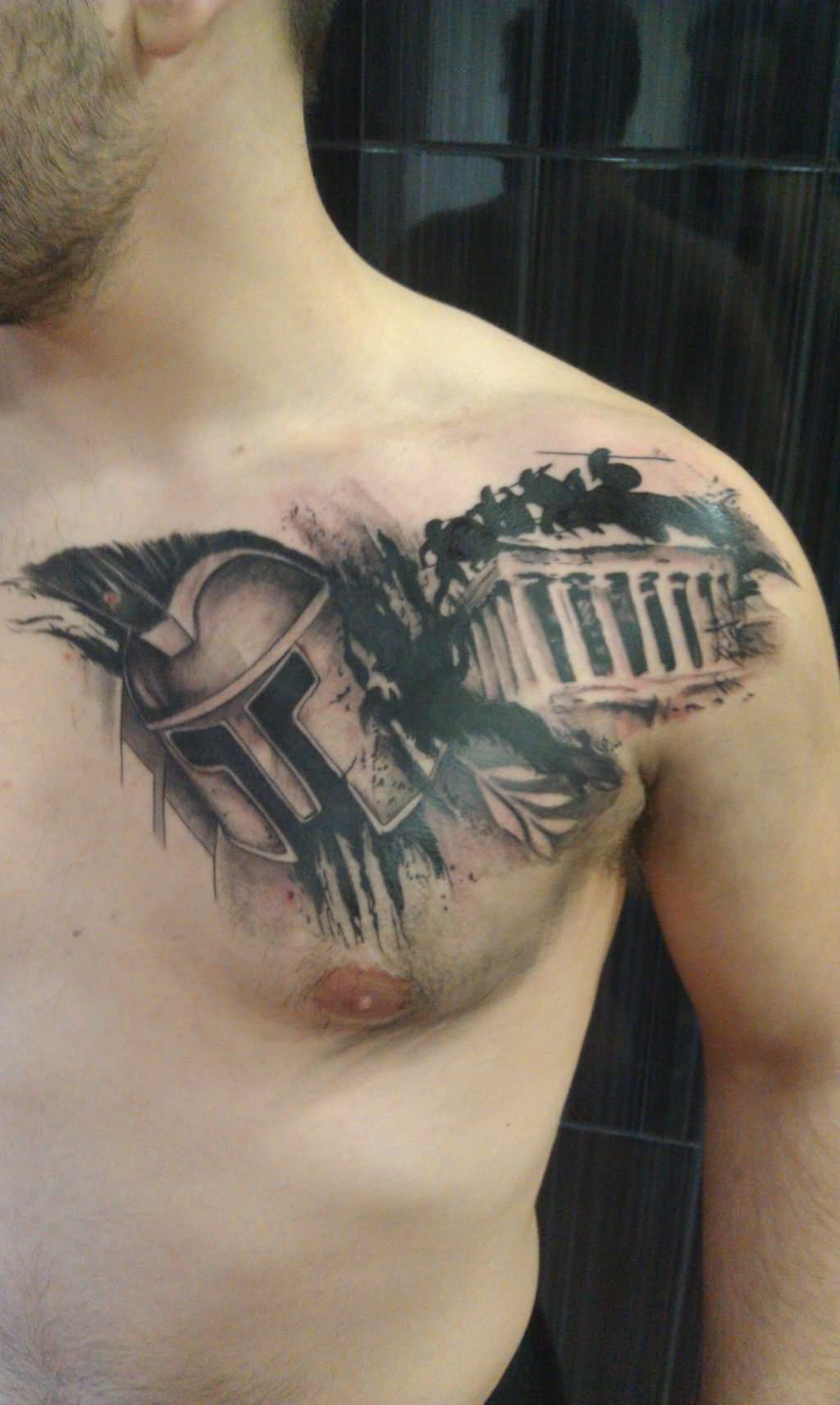Parthenon And Spartan Tattoo On Chest For Men