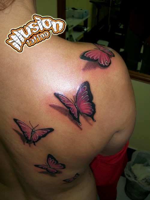 Pink And Black 3D Butterflies Tattoo On Right Back Shoulder