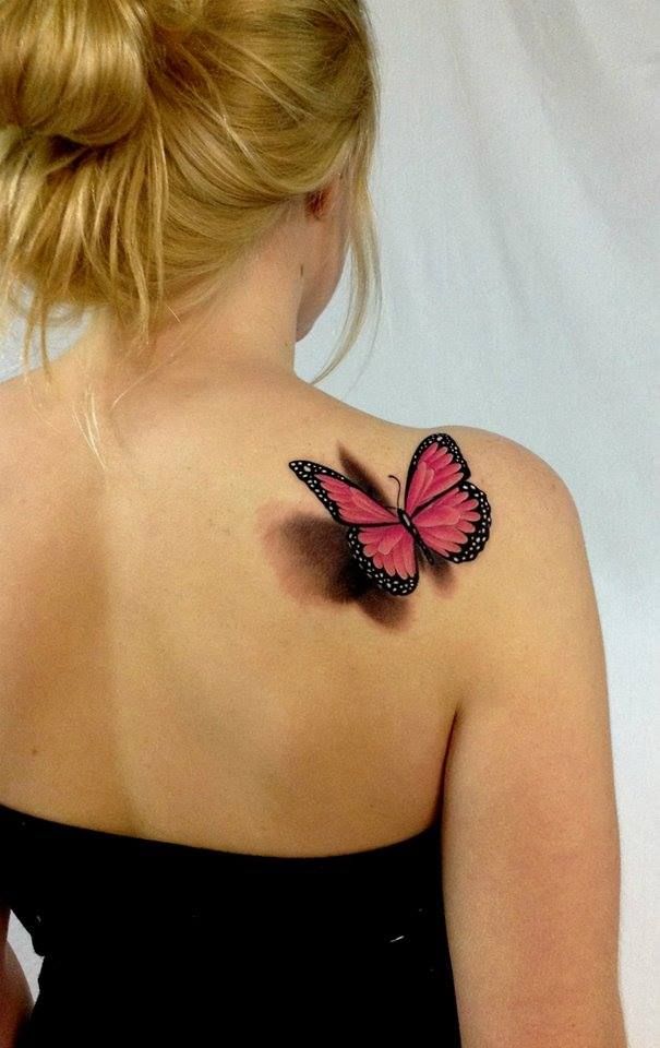 Pink And Black 3D Butterfly Tattoo On Girl Right Back Shoulder