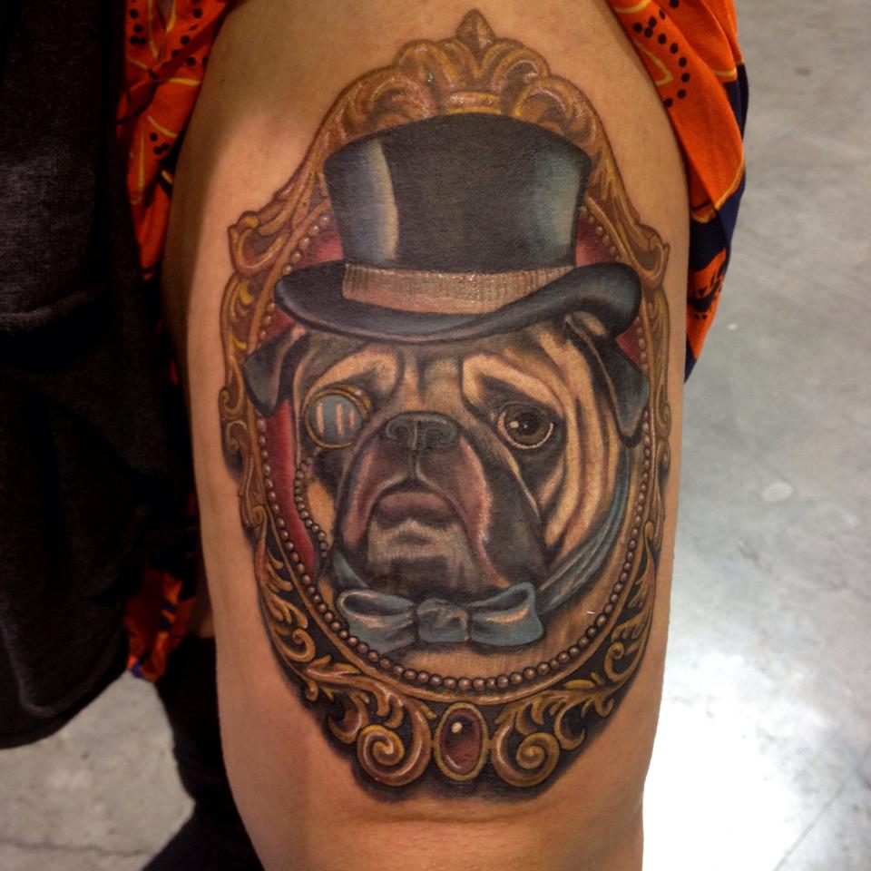 Pug Dog Head In Frame Tattoo Design For Thigh
