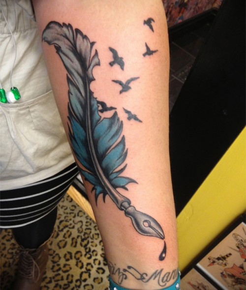 Quill Feather With Flying Birds Tattoo Design For Forearm