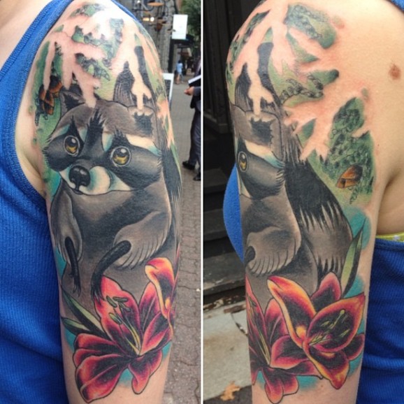 Raccoon Tattoo On Half Sleeve by Jen Rose
