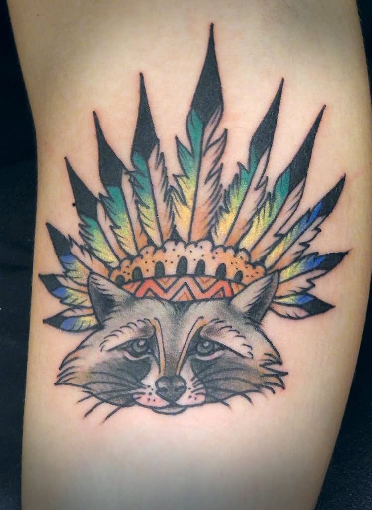 Raccoon With Native Crown Tattoo by Molaire
