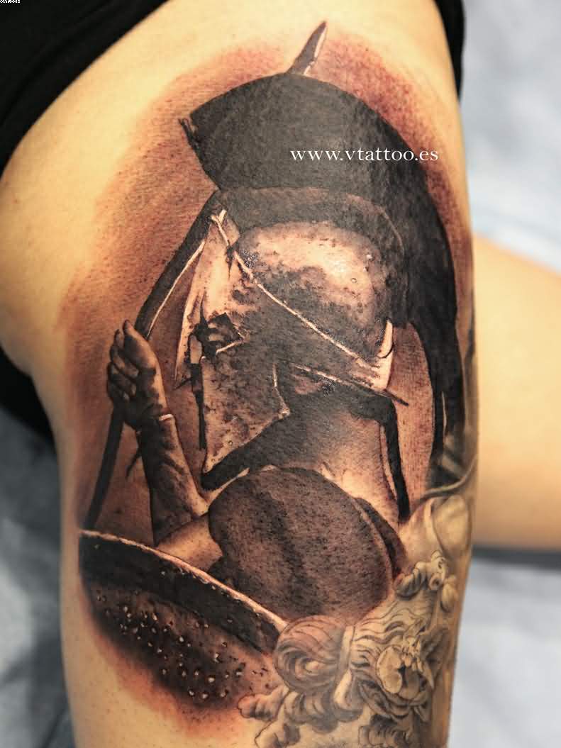 Realistic Grey Ink Spartan Tattoo