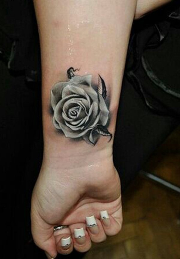 Realistic Grey Rose Flower Wrist Tattoo
