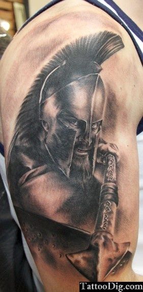 Realistic Spartan Tattoo On Man Right Half Sleeve