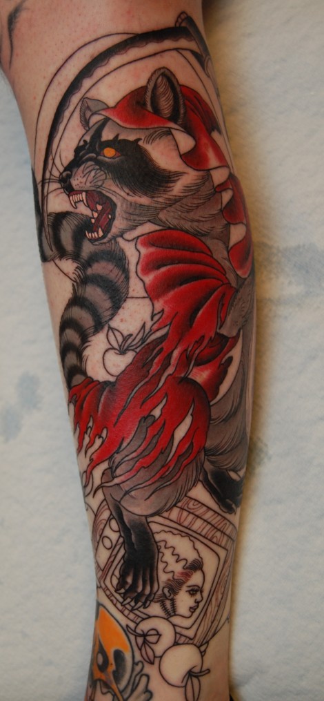 Red And Grey Ink Raccoon Tattoo On Leg Sleeve