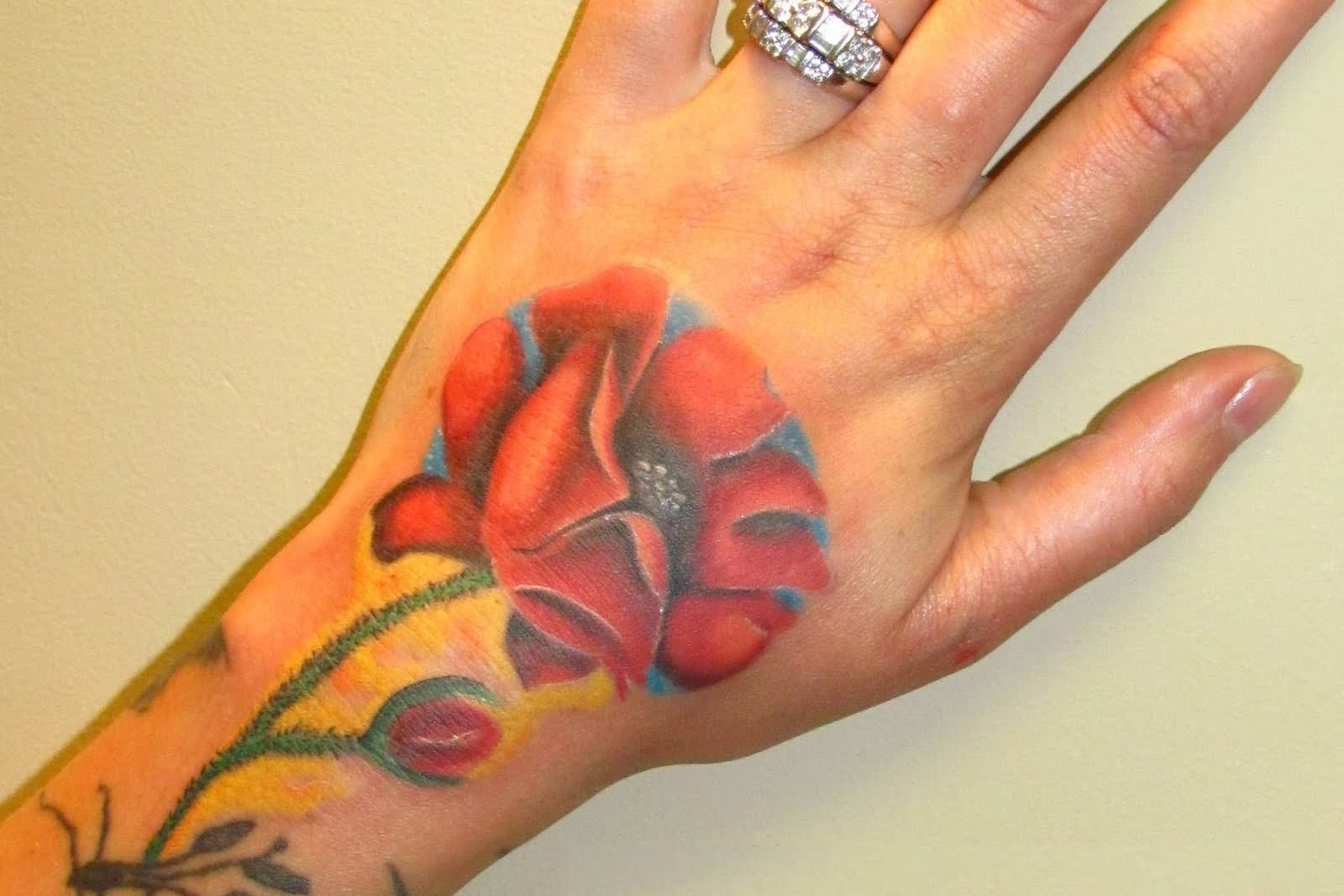 Red Flower Wrist Tattoo For Girls
