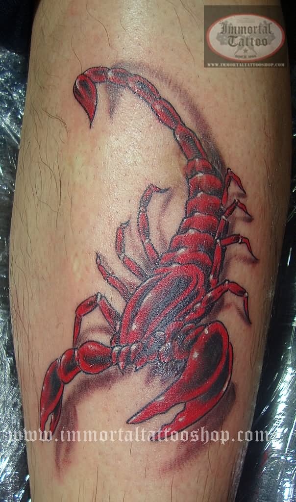 Red Ink 3D Scorpion Tattoo Design For Leg