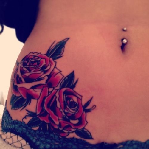 Red Rose Flowers And Waist Tattoo For Girls