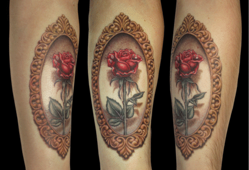 Red Rose In Frame Tattoo Design For Forearm