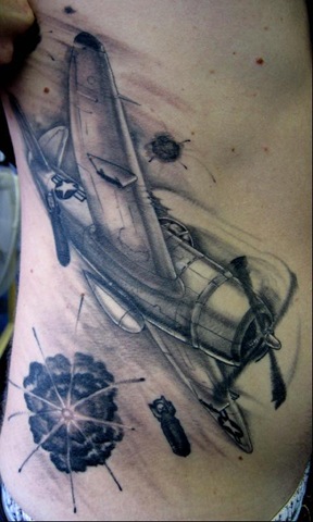 Republic P-47 Thunderbolt Airplane Tattoo On Man Side Rib