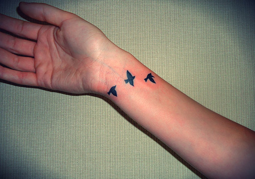 Right Wrist Flying Birds Tattoo For Girls