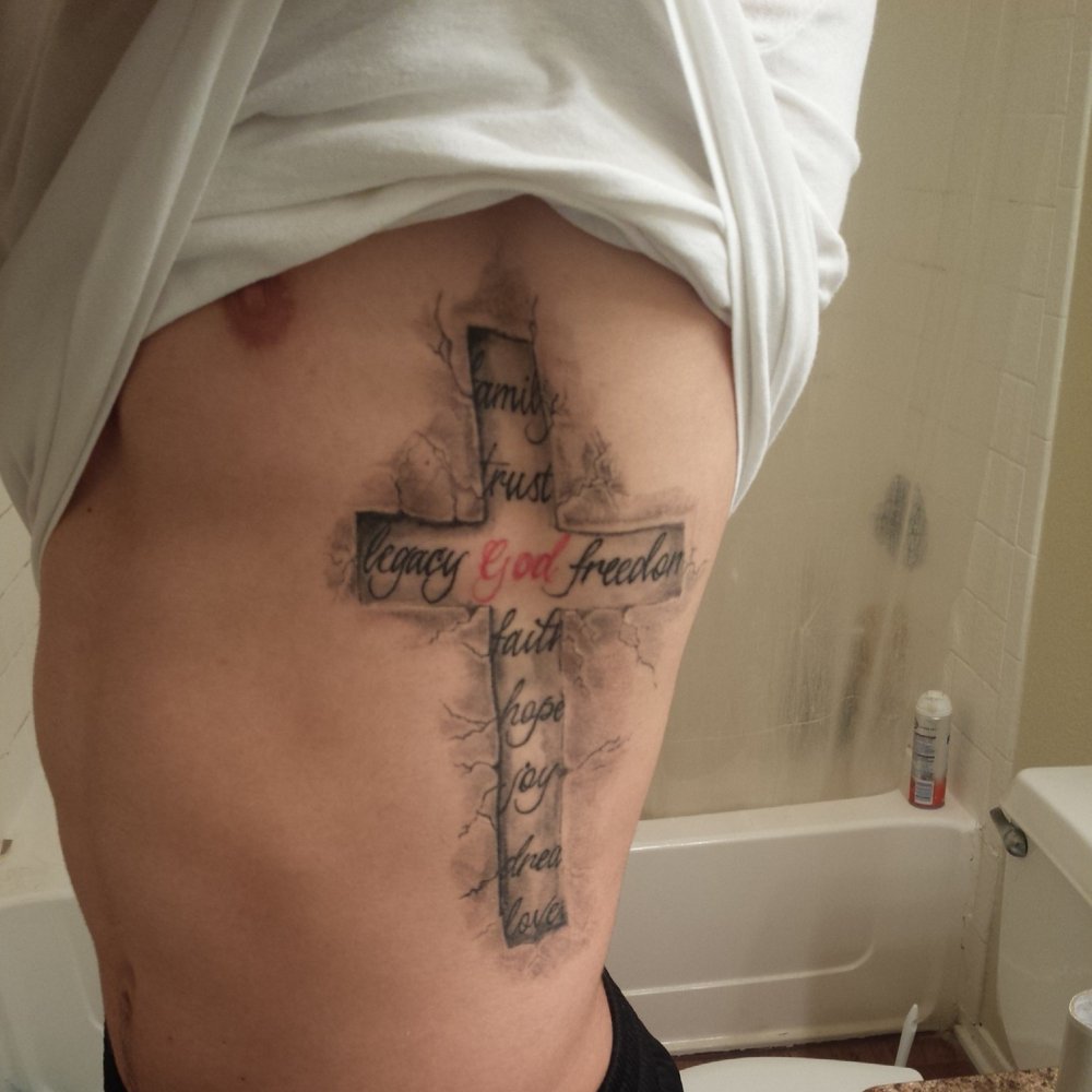 Ripped Skin 3D Cross Tattoo On Man Side Rib