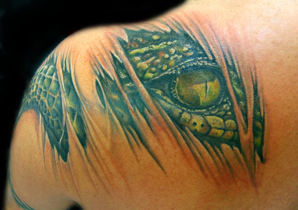 Ripped Skin Alligator Head Tattoo On Left Back Shoulder