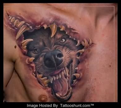 Ripped Skin Wolf Head Tattoo On Man Chest