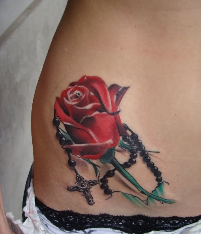 Rosary Cross And Red Rose Tattoo On Waist