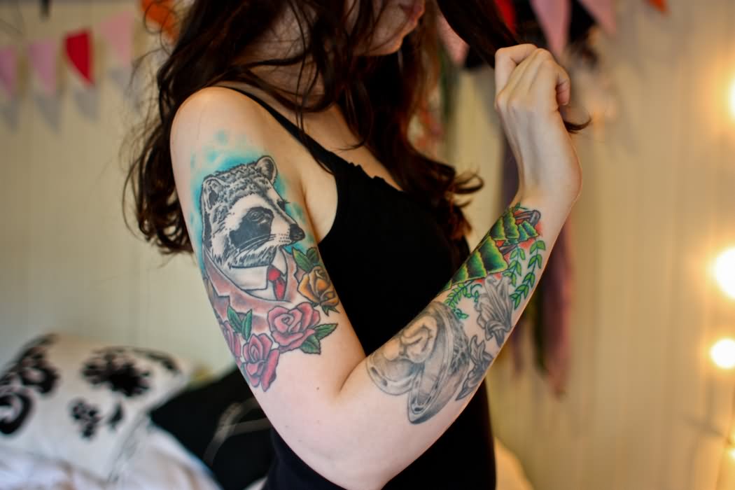Rose Flowers And Raccoon Tattoo On Right Half Sleeve