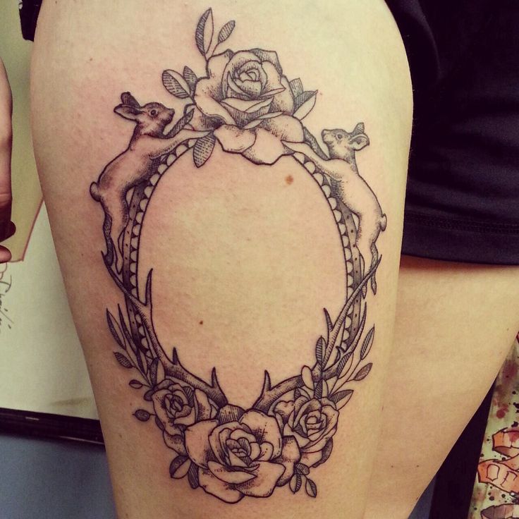 Rose Frame Tattoo On Thigh