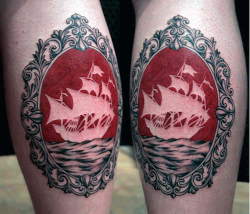Ship In Frame Tattoo On Leg Calf