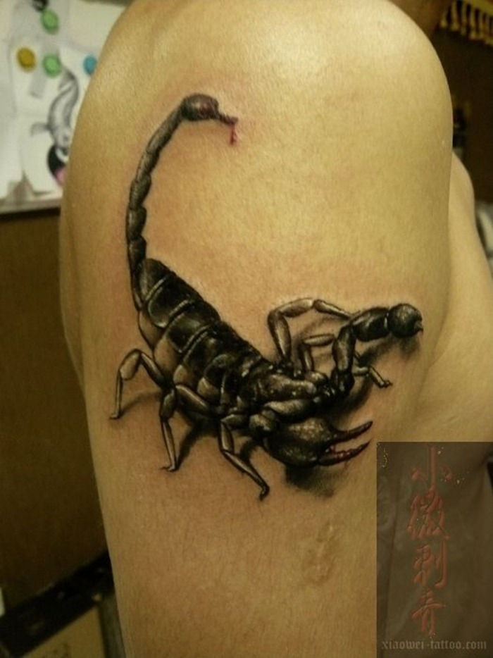 Simple Black Ink 3D Scorpion Tattoo On Right Shoulder