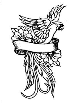 Simple Parrot With Flowers And Ribbon Tattoo Stencil