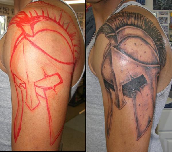 Spartan Helmet Tattoo On Half Sleeve