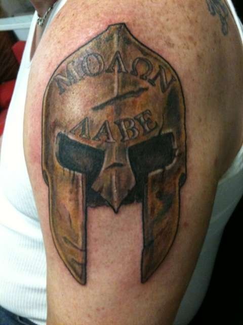 Spartan Helmet Tattoo On Left Shoulder For Men