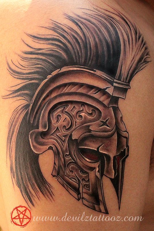 Spartan Helmet Tattoo On Shoulder For Men