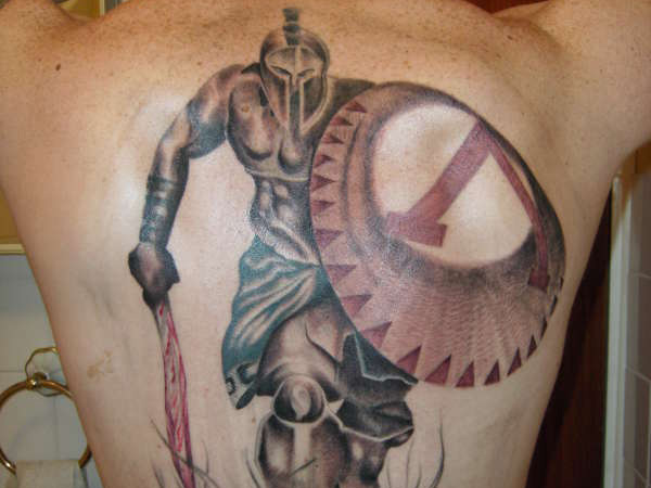 Spartan Warrior Tattoo On Back